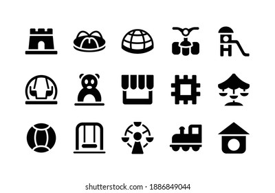 Playground Glyph Icons Including Castle, Carousel, Dome, Bicycle, Slide, Swing, Gate, Shop, Puzzle, Carousel, Ball, Swing, Carousel, Train, Bird House