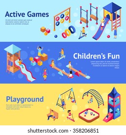 Playground horizontal banner set with isometric children playing active games isometric vector illustration