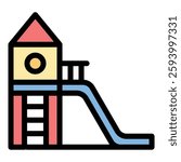 Playground icon in flat line style representing outdoor recreation children activities and play areas ideal for park community and family-friendly concepts.