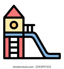 Playground icon in flat line style representing outdoor recreation children activities and play areas ideal for park community and family-friendly concepts.