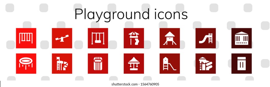 playground icon set. 14 filled playground icons.  Simple modern icons about  - Swings, Trampoline, Slide, Swing, Inflatable, Playground, Toboggan, Carousel