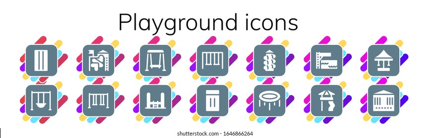 conjunto de iconos de área de reproducción. 14 íconos de patio de recreo rellenos.  Iconos modernos sencillos, como: Inflable, Swing, Slide, Trampoline, Swings, Carrusel