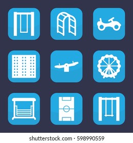 playground icon. Set of 9 filled playground icons such as field, Ferris wheel, bike, swing, playground ladder