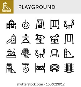 playground icon set. Collection of Slide, Playground, Swing, Seesaw, Toboggan, Trampoline, Spring swing rocket, Spring swing horse, Sandbox, Rope park, Inflatable icons