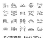 Playground icon set. Included icons as kids outdoor toy, sandbox, children parks, slide, monkey bar, dome climber, jungle gym and more.