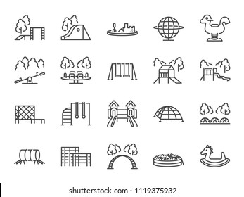 Playground icon set. Included icons as kids outdoor toy, sandbox, children parks, slide, monkey bar, dome climber, jungle gym and more.