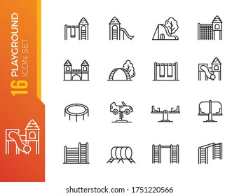 Playground icon set. Included icons as kids outdoor toy, sandbox, children parks, slide, monkey bar, dome climber, jungle gym and more.