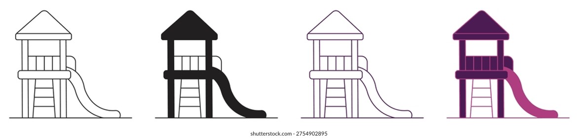 Playground icon set. Outdoor play structure with roof and double slides vector illustration. 