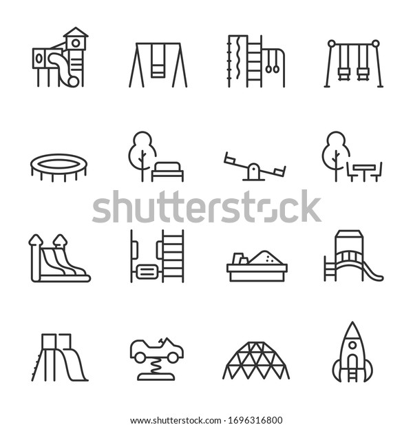 Playground, icon set. Play area for\
children outdoors, linear icons. Line with editable\
stroke