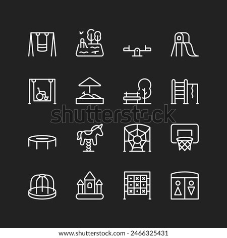 Playground icon set, white on black background. Children's play areas with rides, equipment, activities. Swings, slides, sandboxes, disabled access, etc. Customizable line thickness