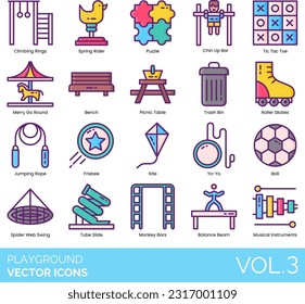 Playground Icons including Balance, Beam, Ball, Pit, Ball, Basketball, Hoop, Bench, Boy, Bridge, Carousel, Castle, Children, Chin Up Bar, Climbing Rings, Climbing Wall, Cone Climber, Fence, Food Stand