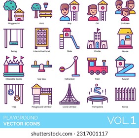 Playground Icons including Balance, Beam, Ball, Pit, Ball, Basketball, Hoop, Bench, Boy, Bridge, Carousel, Castle, Children, Chin Up Bar, Climbing Rings, Climbing Wall, Cone Climber, Fence, Food Stand