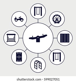 playground icons set. Set of 9 playground filled icons such as field, Ferris wheel, bike, swing, playground ladder