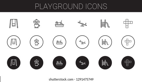 playground icons set. Collection of playground with swing, carousel, sandbox, slide, hopscotch. Editable and scalable playground icons.