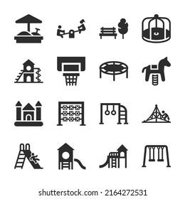 Playground Icons Set. Jungle Gym. Children's Amusement Park, A Place For Children And Parents To Leisure. Slide, Sandpit, Merry-go-round, Seesaw. Monochrome Black And White Icon.