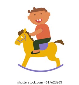 Playground infographic element vector flat illustration, little boy plays with Wooden horse. Funny cartoon character isolated on white background