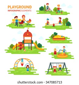 Playground infographic elements vector flat illustration, children play on the outdoors, in the sandbox, boys and girls go for a drive on a swing. Mom walking with children