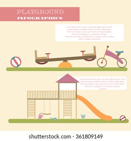 Playground infographic elements vector flat illustration.Kids playing equipment infographics set.Flat style cartoon vector illustration with isolated objects.