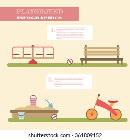 Playground infographic elements vector flat illustration.Kids playing equipment infographics set.Flat style cartoon vector illustration with isolated objects.