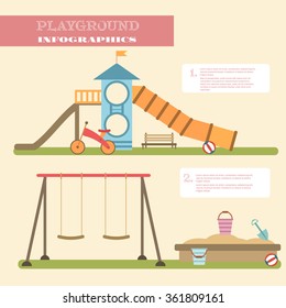 Playground infographic elements vector flat illustration.Kids playing equipment playground infographic set.Flat style cartoon vector illustration with isolated playground infographic objects.