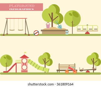 Playground infographic elements vector flat illustration.Kids playing equipment playground infographic set.Flat style cartoon vector illustration with isolated playground infographic objects.