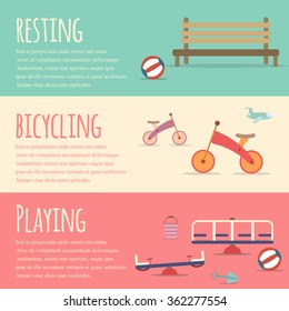 Playground infographic elements vector flat illustration.Kids playing equipment infographics set.Flat style cartoon vector illustration with isolated objects.