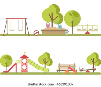 Playground infographic elements vector flat illustration.Kids playing equipment playground infographic set.Flat style cartoon vector illustration with isolated playground infographic objects.