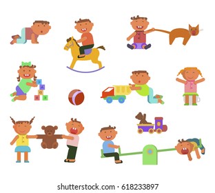 Playground infographic elements vector flat illustration, children play on the outdoors, kids go for a drive on a swing. Funny cartoon character. Vector illustration isolated on white background