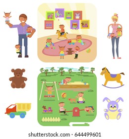 Playground infographic elements vector flat illustration, babysitter and children play ina park and indoor. Funny cartoon character. Vector illustration isolated on white background
