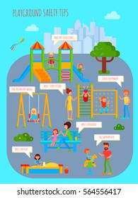 Playground infographics with flat colorful cartoon childrens playground urban scenery people characters and rectangular thought bubbles vector illustration