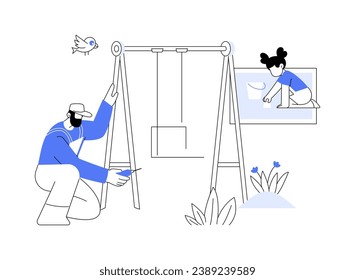 Playground installation abstract concept vector illustration. Repairman in uniform installs a playground, mounting swing for kids, children entertainment, outdoor space abstract metaphor.