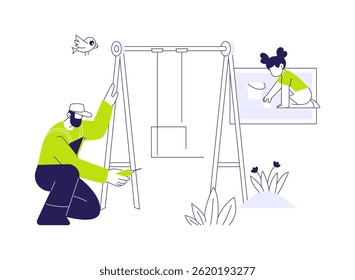 Playground instalação conceito abstrato vetor ilustração. Reparador de uniforme instala um parque infantil, balanço de montagem para crianças, entretenimento infantil, metáfora abstrata espaço exterior.
