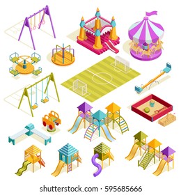 Playground isometric collection with carousels bench sandbox roller swing soccer field and slides isolated vector illustration