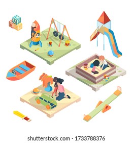 Playground isometric. Place for funny games kids preschool playing with babysitter in amusement park toys vector pictures