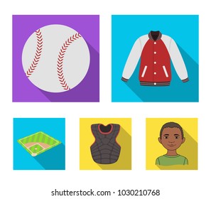 Playground, jacket, ball, protective vest. Baseball set collection icons in flat style vector symbol stock illustration web.