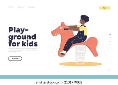Playground for kids concept of landing page with cute boy child playing on horse swing on spring. Little child enjoy spending time on play ground for preschooler. Cartoon flat vector illustration