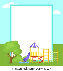 Playground for kids with different ladders, kind of balcony with crown, tube and inflatable pool with little balls and place for text in white frame