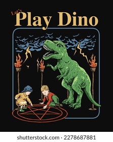 Niños en zona de juegos con dinosaurios Tema vintage Ilustración