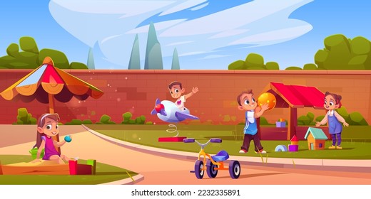 Playground with kids on in house, kindergarten or school backyard. Summer park landscape with boys and girls playing in sandbox, with toys and balls, vector cartoon illustration