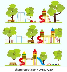 Playground, kids playground, playground park, school playground, children's playground, kindergarten playground with swings, slide, sandpit, Playground in summer park. Vector illustration