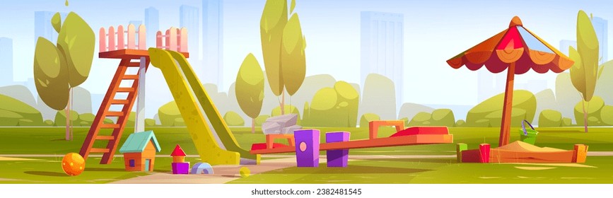 Playground for kids in summer city park. Vector cartoon illustration of sunny green public garden with slide, sandbox under parasol, toys on ground, seesaw for kids, modern cityscape on horizon