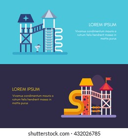 Playground for kids. Two horizontal flat vector illustrations on blue and dark blue backgrounds. Web banner template