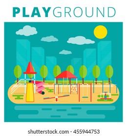 Playground for kids vector design. Nursery or children playfield and recreation park illustration