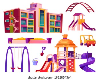 Playground and kindergarten elements, isolated swings and sandbox, attractions for kids. Building for preschoolers, set of constructions for leisure and fin of children. Amusement cartoon vector