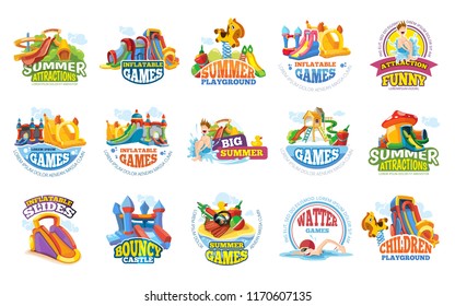 playground labels. aqua water park summer entertainments games inflatable slide advertize colored badges and logos vector illustrations