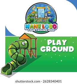 Etiquetas de playground. Playground para crianças definido com slide. Inscrição de desenho animado da zona infantil. Playground com escorregador de túnel e crianças escalando