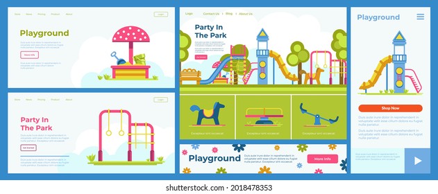 Playground, landing banner set, vector illustration. Template design, website with children party in park concept. Web page with kindergarten leisure, recreation at slide, sandbox, collection.