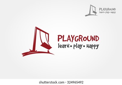 Playground learn, play and happy vector logo template. Iconic logo design of silhouette sitting on swing.