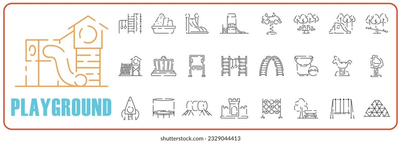 Playground line icon set. Play area for children outdoors, vector linear icons. Line with editable stroke