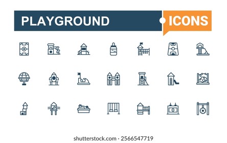 Playground line icons set. It contains symbols to sandbox, toy, area, childhood, school, sport, child, playground. Web icons. Outline and solid pictogram.